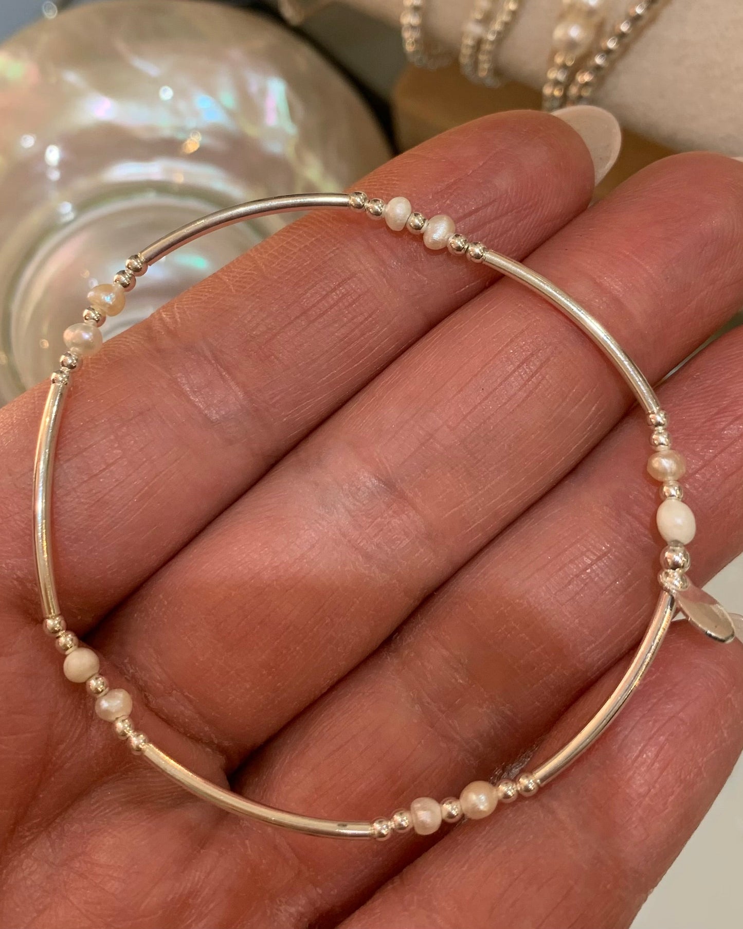 Beaded 925 Sterling Silver Freshwater Pearl Bracelet