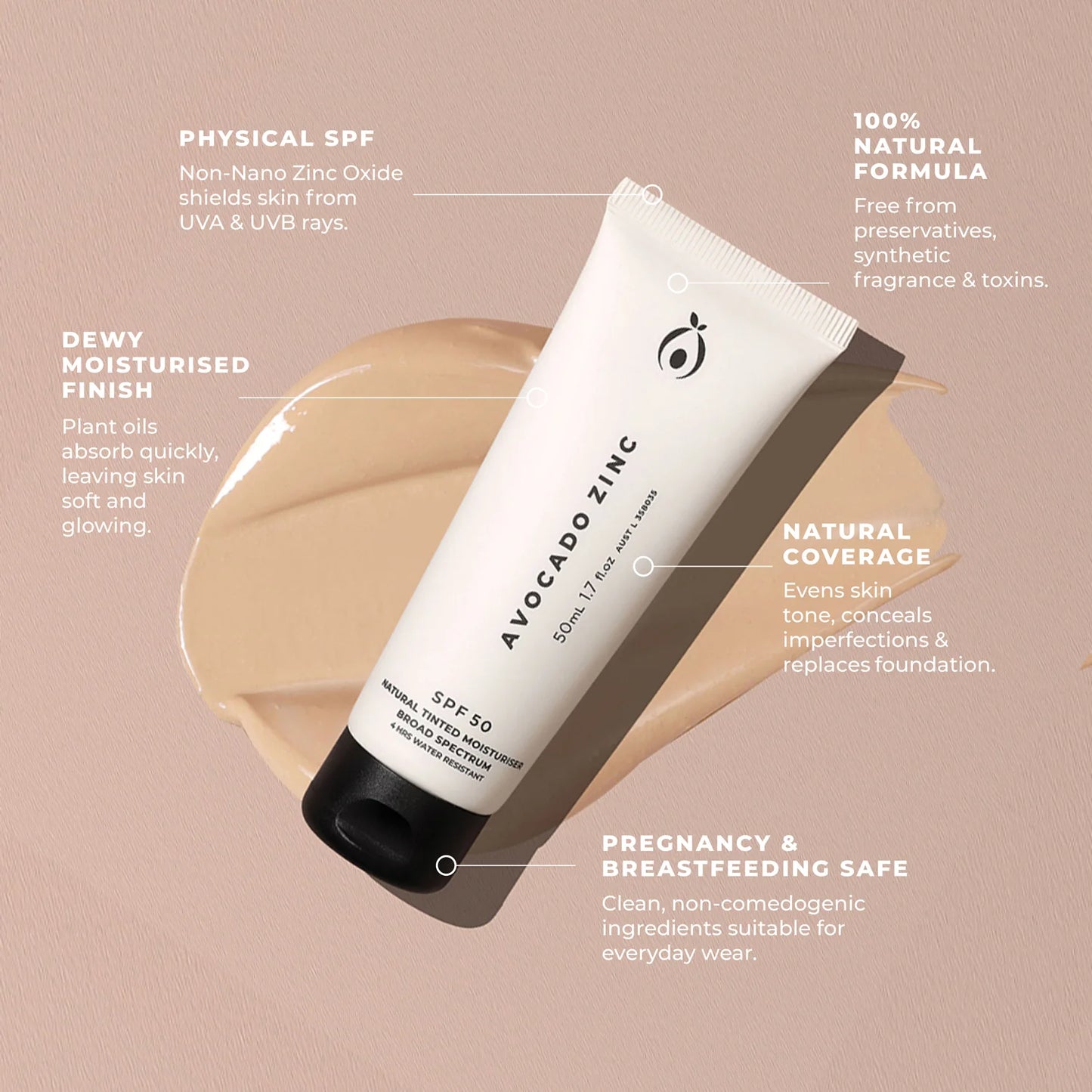 SPF 50 Natural Tinted Moisturiser LIGHT by Avocado Zinc