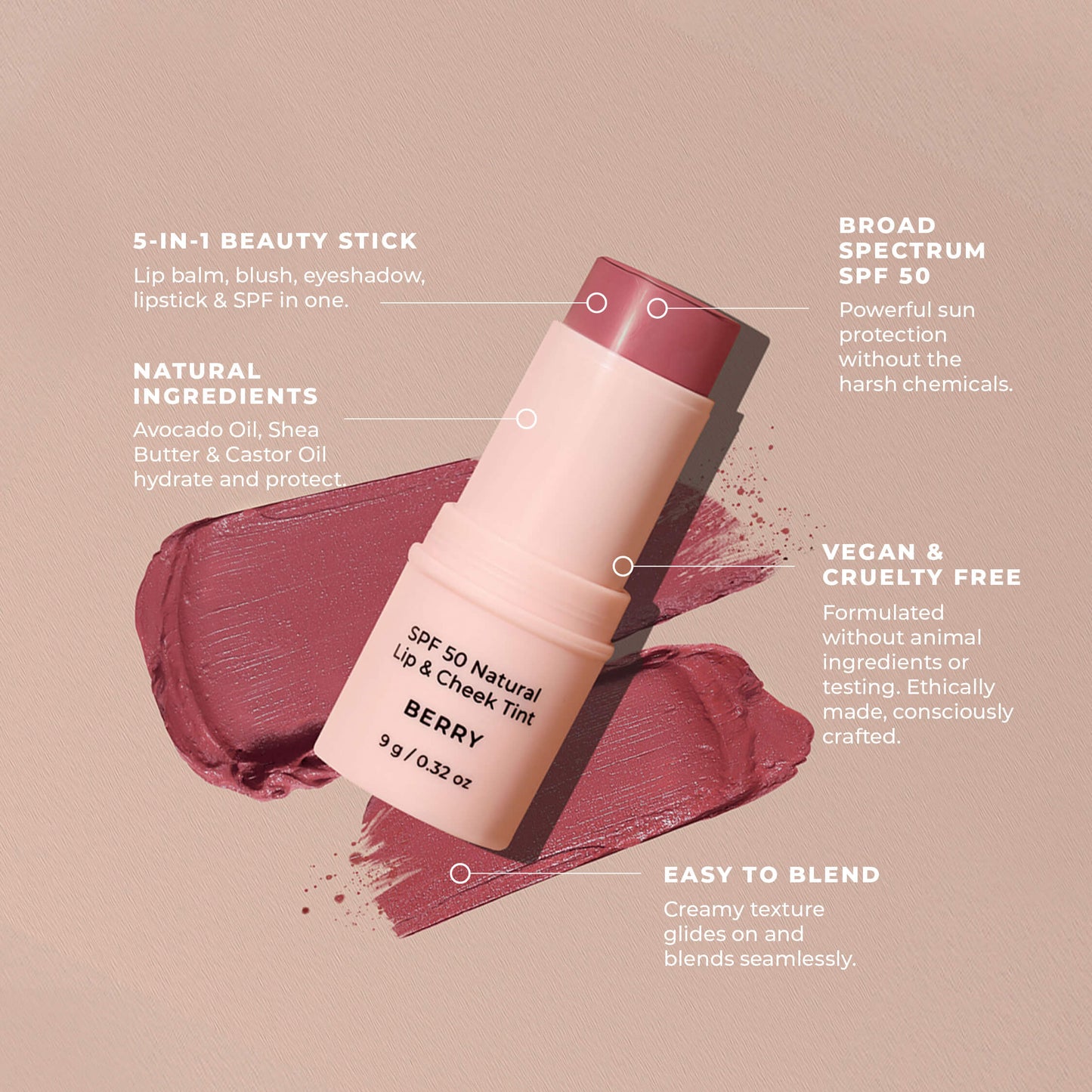 SPF 50 Natural Lip & Check Tint Stick BERRY by Avocado Zinc