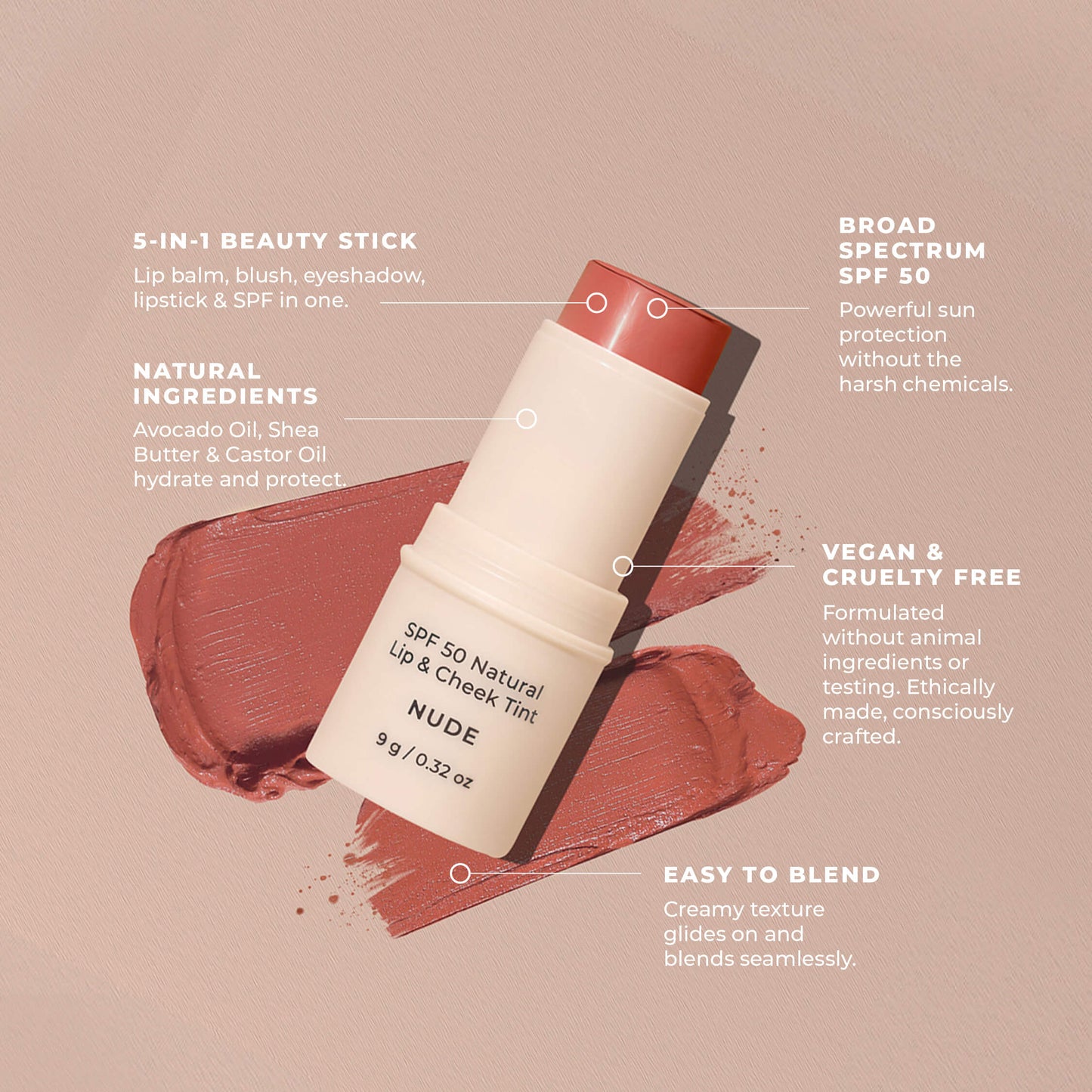 SPF 50 Natural Lip & Check Tint Stick NUDE by Avocado Zinc