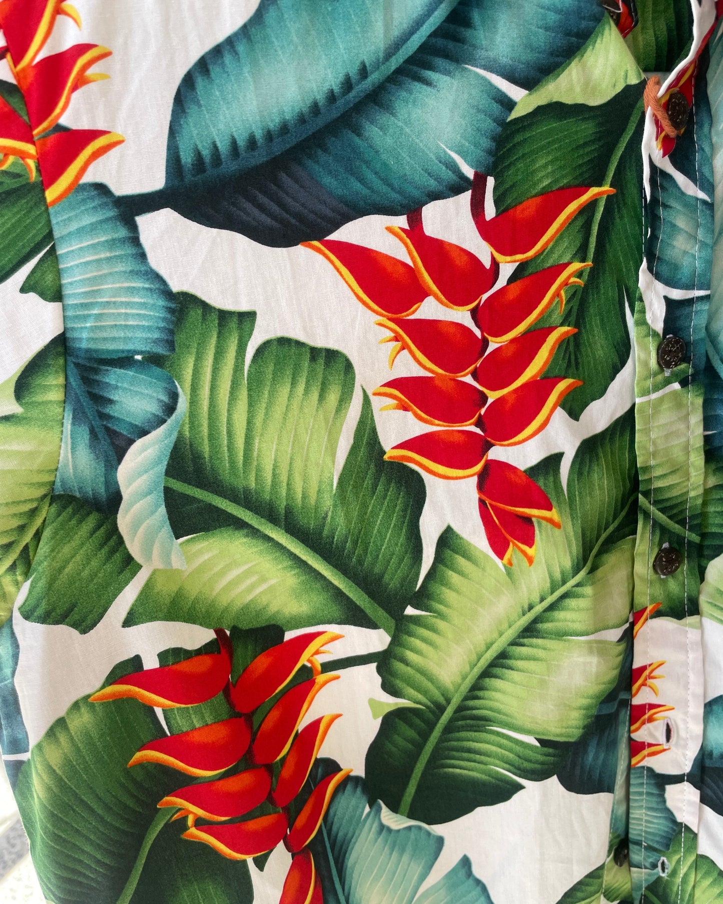 Close up of Mens Island Shirt, Bula Shirt, Hawaiian Shirt available at Loloma Living at Tamborine Mountain, Clothing Boutique on Gallery Walk.