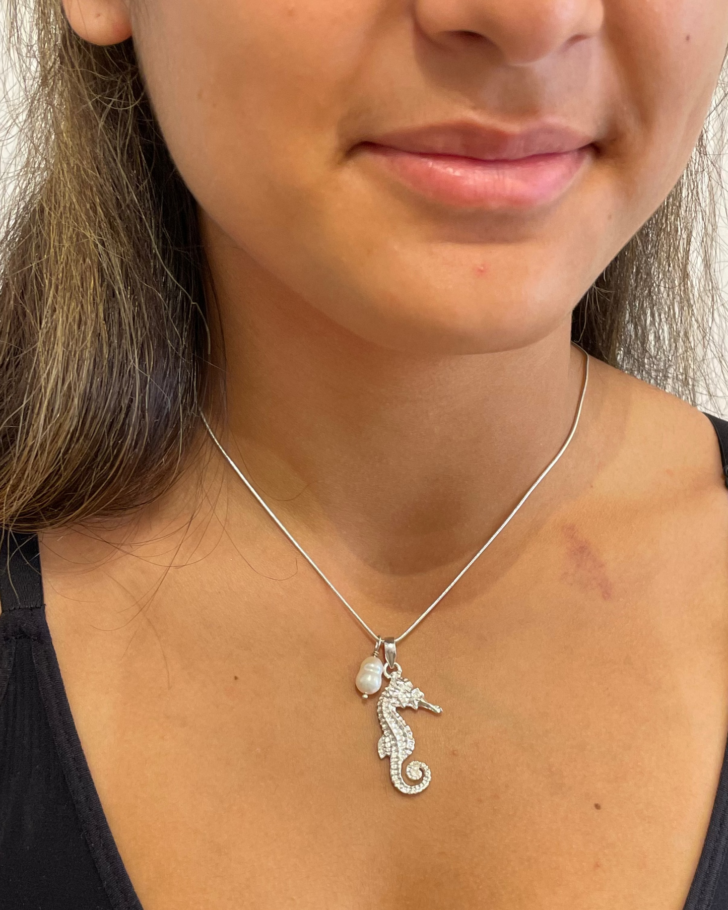 Seahorse Pendant & Freshwater Pearl Necklace Sterling Silver