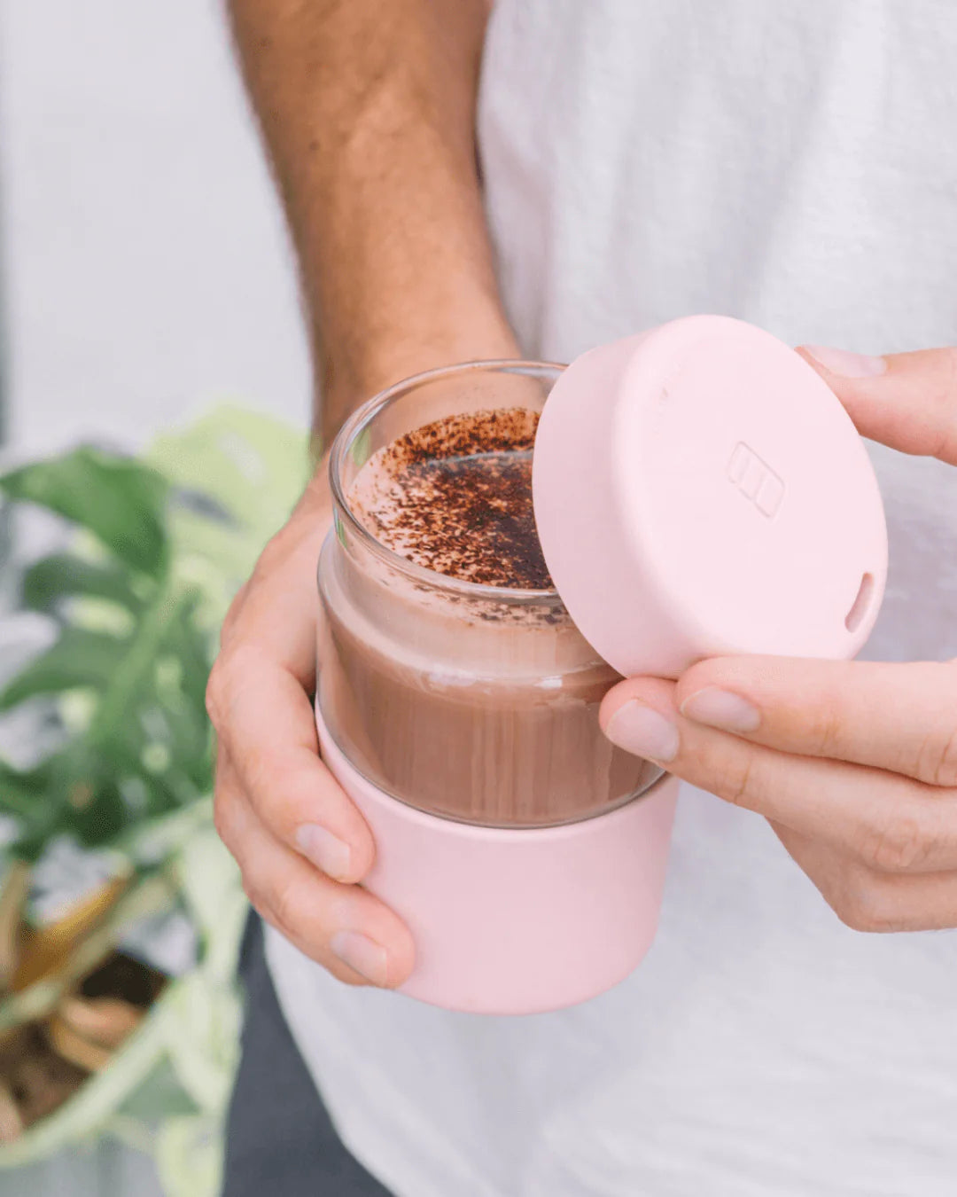 Reusable Pink Glass Coffee Cup in White