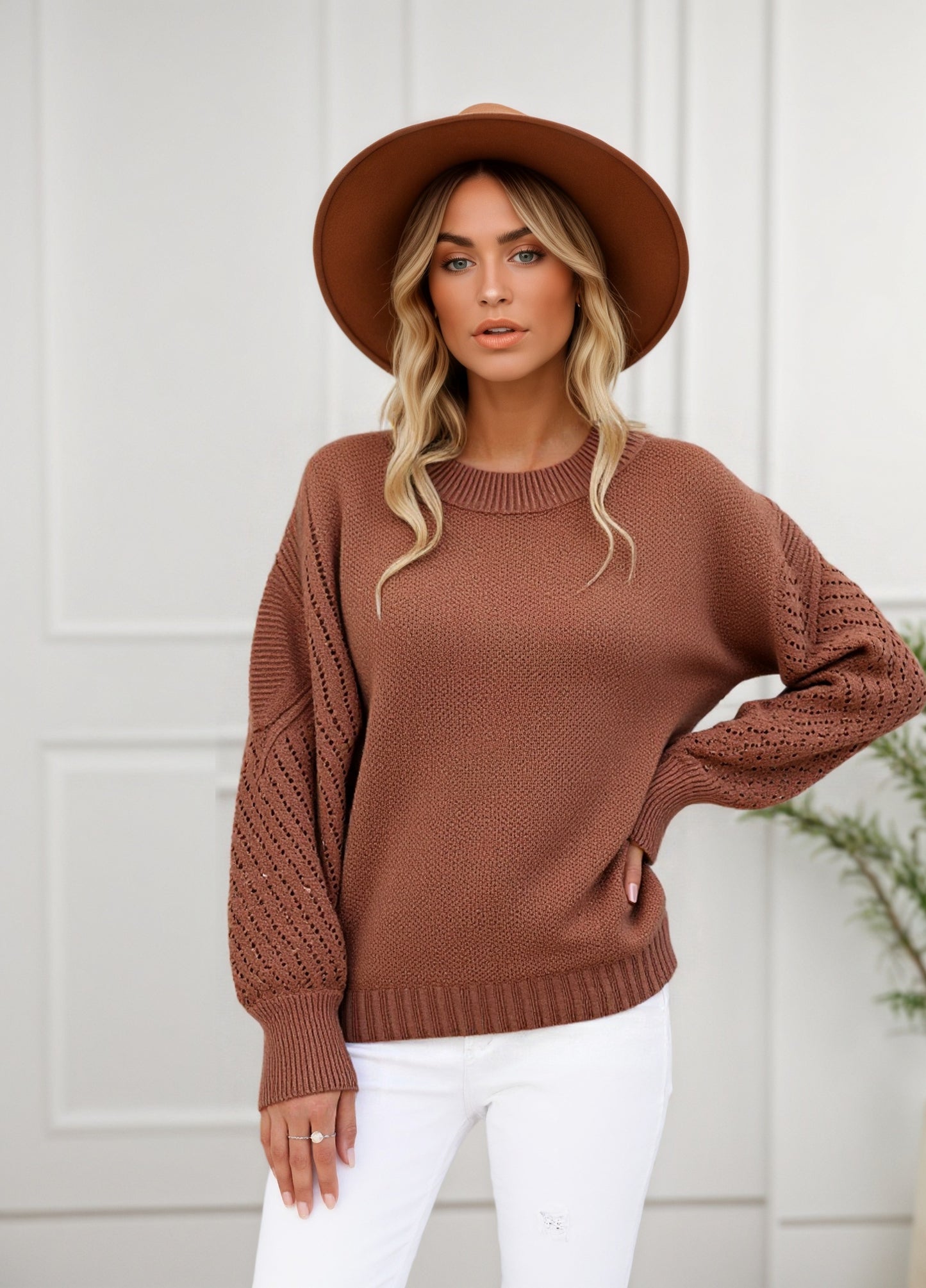 Carly Crochet Sleeve Knit Jumper Brown