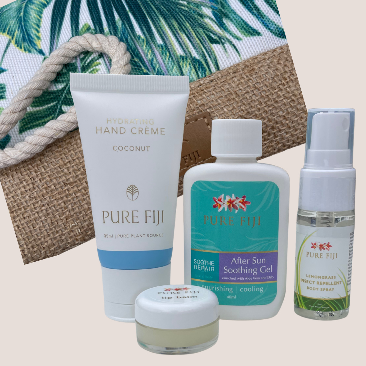 Pure Fiji outdoors travel set with zippered pouch with Insect Repellent and Pure Fiji Aftersun gel. Pure fiji stockist is loloma Living in queensland. Mini Survivor Set from Pure Fiji for christmas.