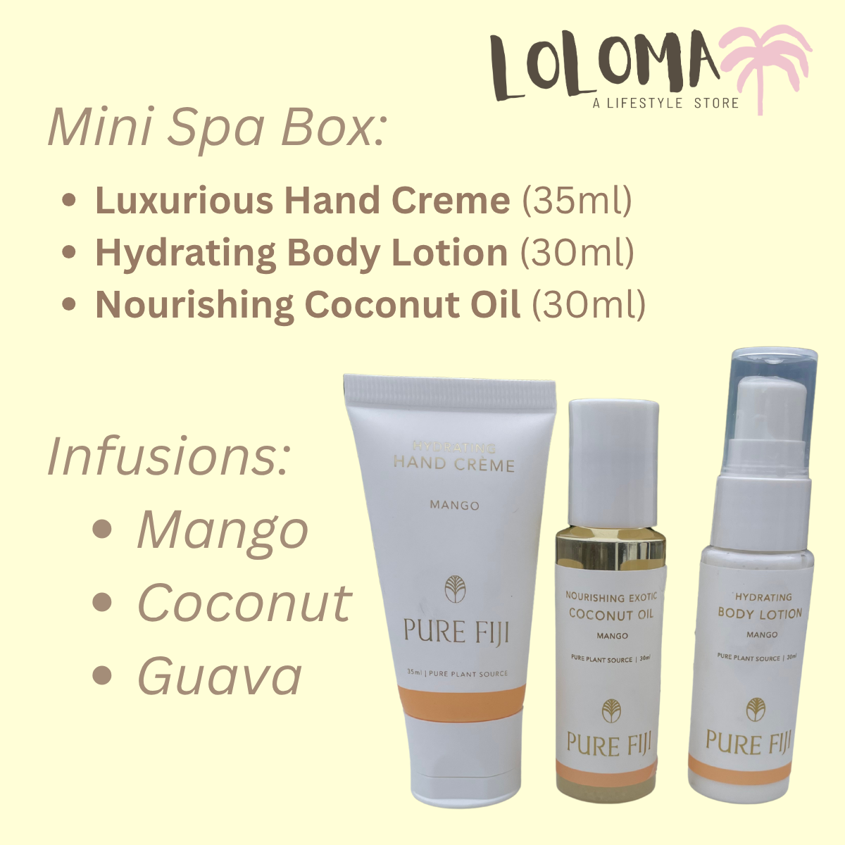 Loloma Living Pure Fiji Christmas Gift Set Mini Spa Nourish Box botanical infusions made in Fiji