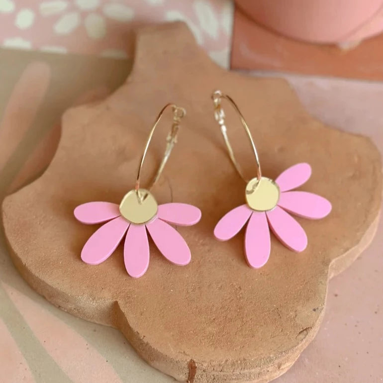Jumbo Daisy Hoop Earring - Candy Pink and Gold