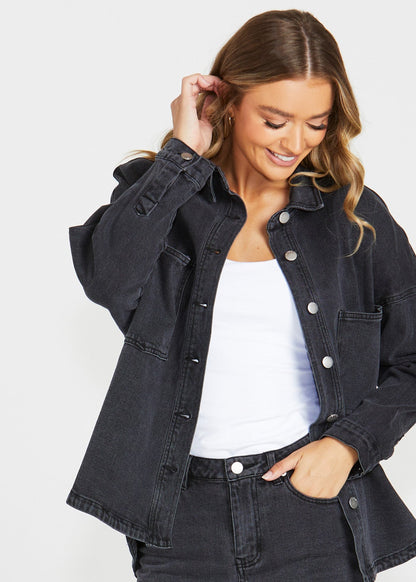 Jasmine Denim Shacket in Washed Black