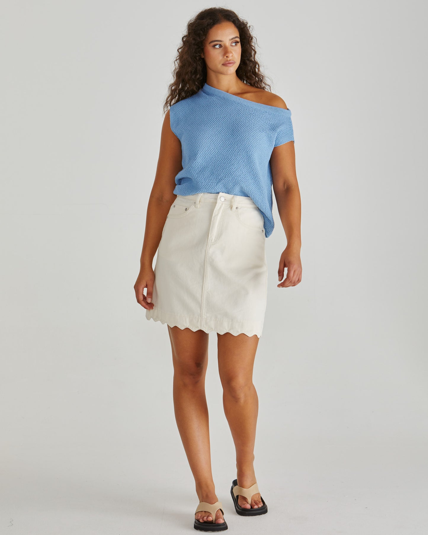 SASS VALE SCALLOPED DENIM SKIRT STOCKIST LOLOMA LIVING TAMBORINE MOUNTAIN. PLUS SIZES AVAILABLE. CREAM SKIRT.