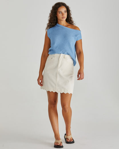 SASS VALE SCALLOPED DENIM SKIRT STOCKIST LOLOMA LIVING TAMBORINE MOUNTAIN. PLUS SIZES AVAILABLE. CREAM SKIRT.
