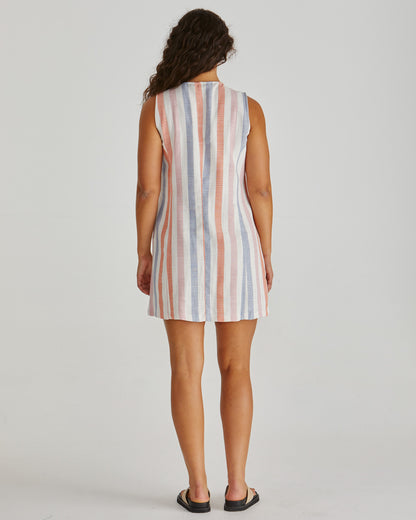 Back View of Lady wearing the SASS Travis Vest Dress in stripe with princess seam detail and side pockets. Linen combination.  Available at Loloma Living, Tamborine Mountain. Stockist of SASS and Betty Basics.