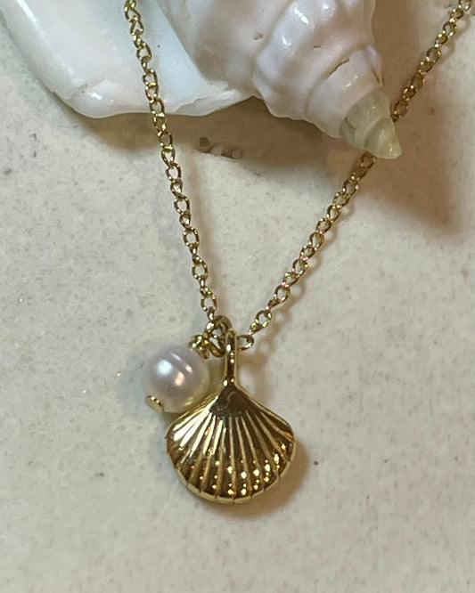 Siren Shell & Freshwater Pearl Necklace 18k Gold