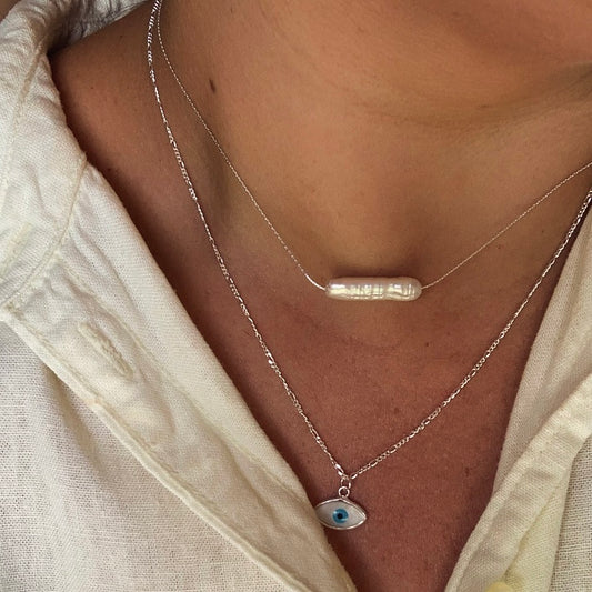 Hali Biwa Pearl Pendant Necklace Silver