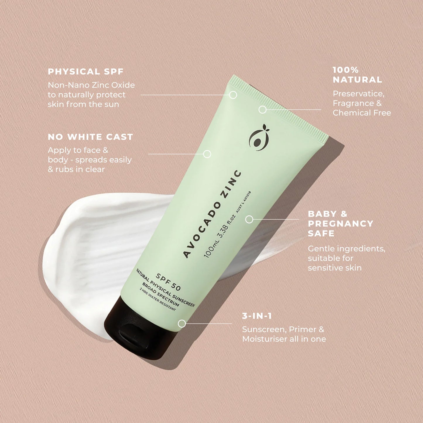 SPF 50 Natural Physical Sunscreen by Avocado Zinc