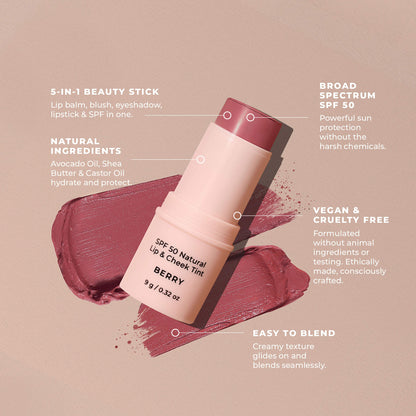 SPF 50 Natural Lip & Check Tint Stick BERRY by Avocado Zinc