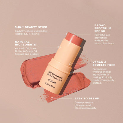 SPF 50 Natural Lip & Check Tint Stick CORAL by Avocado Zinc