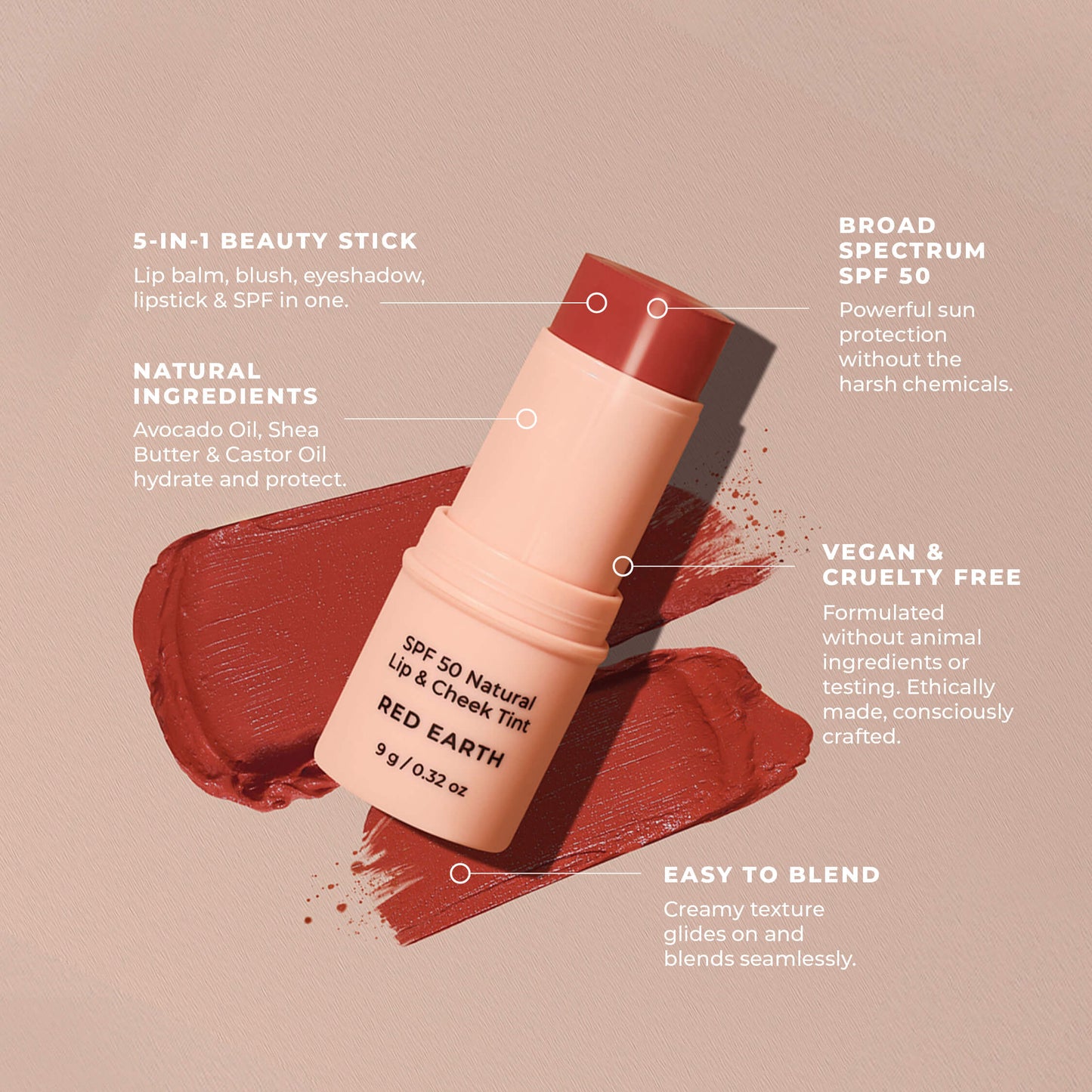 SPF 50 Natural Lip & Check Tint Stick RED EARTH by Avocado Zinc