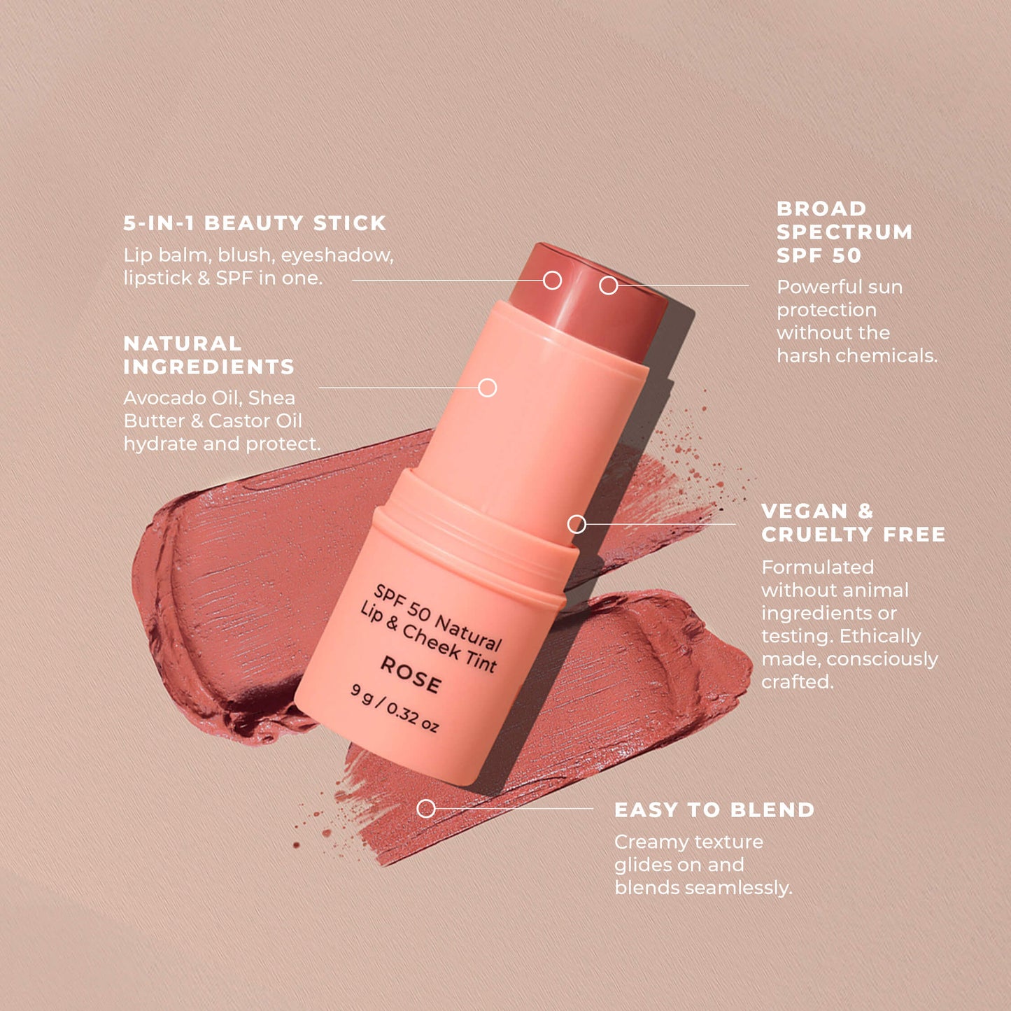 SPF 50 Natural Lip & Check Tint Stick ROSE by Avocado Zinc