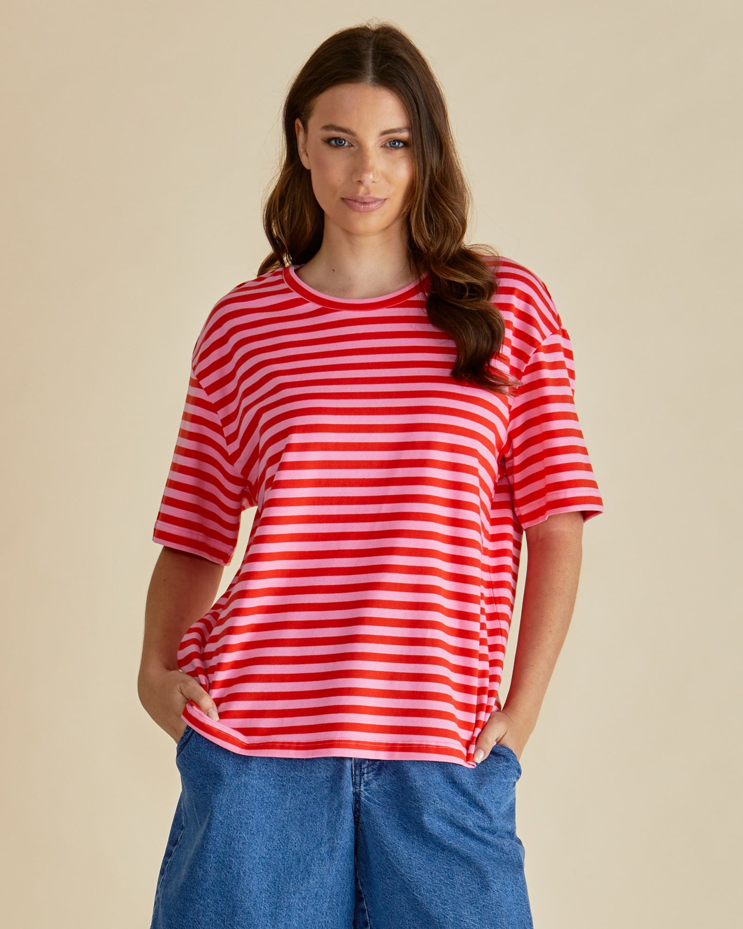 Betty Basics Stockist Loloma Living Tamborine Mountain Relax Boxy Stripe Tshirt Pink and Red Clothing Shop Tamborine Mountain