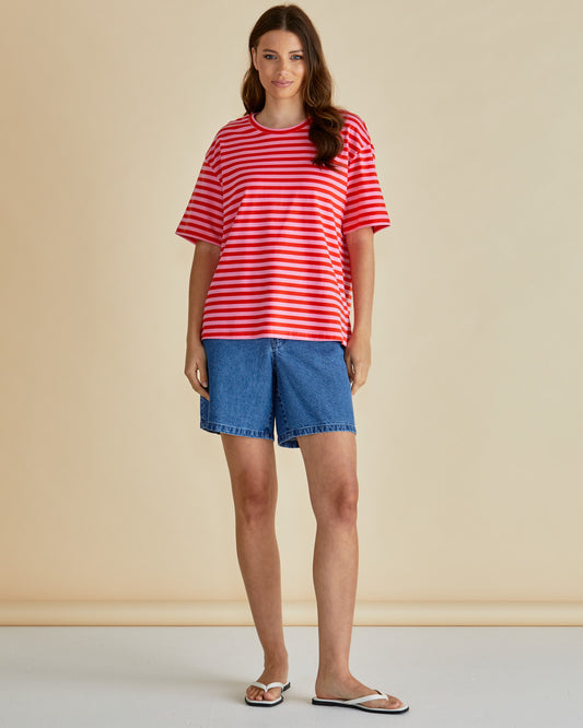 Betty Basics Stockist Loloma Living Tamborine Mountain Relax Boxy Stripe Tshirt Pink and Red
