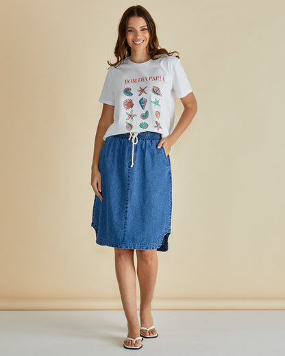 Shop the Dara Denim Elasticated Skirt by Betty Basics at Loloma Living Tamborine Mountain or online fast postage.