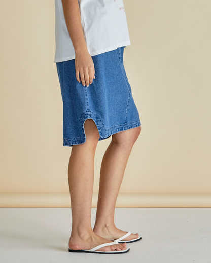 Shop the Dara Denim Elasticated Skirt by Betty Basics at Loloma Living Tamborine Mountain or online fast postage. Side view.