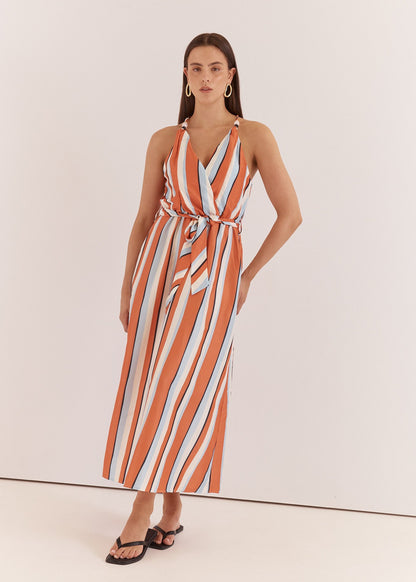 Carlene Twisted Maxi Dress in Multi Stripe Print Orange by SASS
