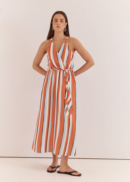 Carlene Twisted Maxi Dress in Multi Stripe Print Orange by SASS