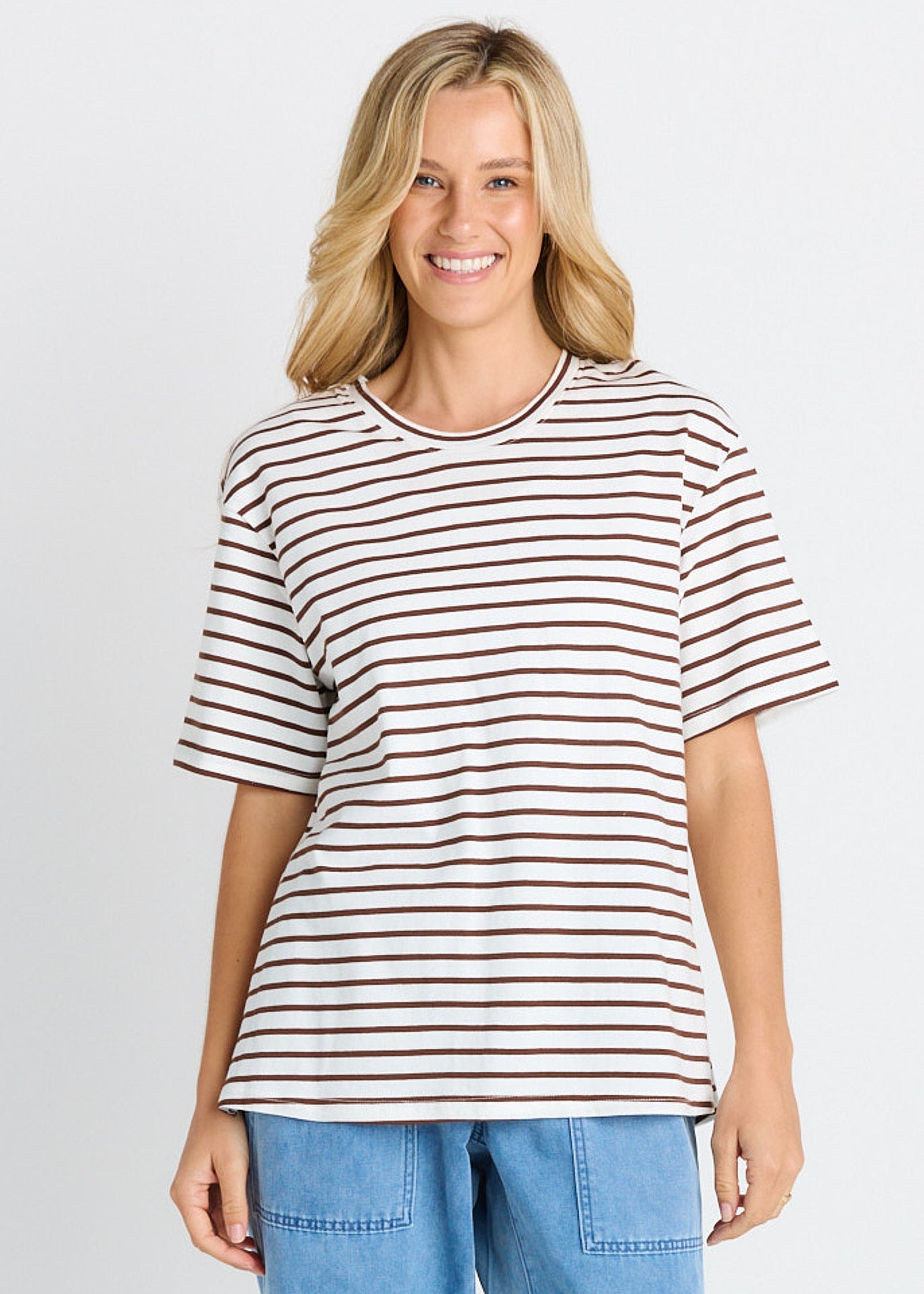 Relax Boxy Tee in Chocolate/White Stripes by Betty Basics