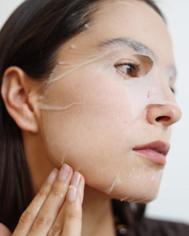 Pore refining sheet mask on skin helping balance and purify complexion by Gracious Minds, Australian natural skincare.