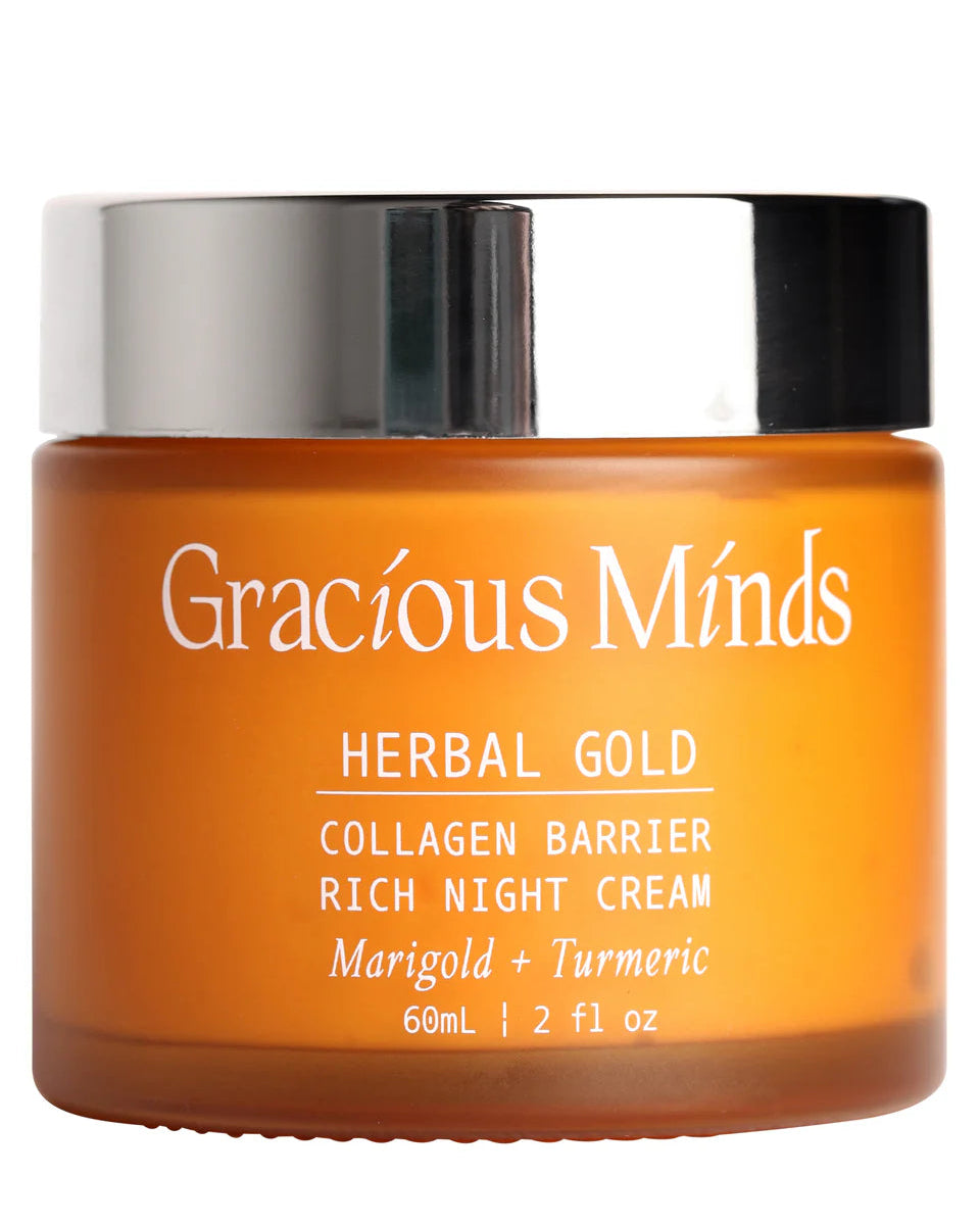 Herbal Gold Collagen Barrier Rich Night Cream by Gracious Minds overnight moisturiser. Marigold and Turmeric skincare.