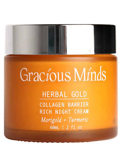 Herbal Gold Collagen Barrier Rich Night Cream by Gracious Minds overnight moisturiser. Marigold and Turmeric skincare.