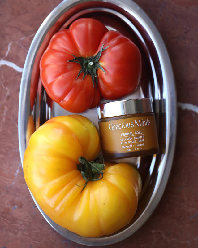 Clean Australian-made night cream with botanical skincare ingredients. The Gracious Minds Herbal Gold Collagen Barrier Rich Night Cream.
