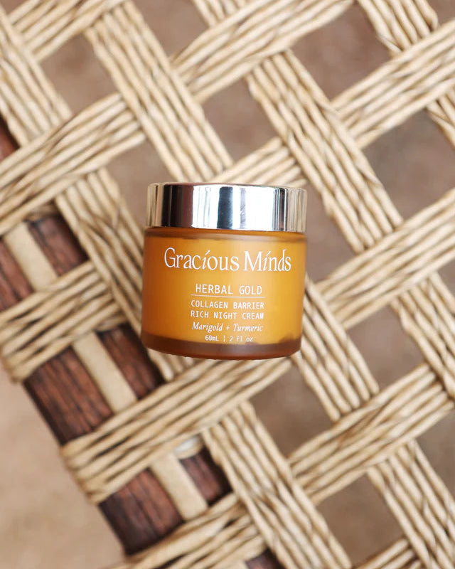 Gracious Minds Herbal Gold Collagen Barrier Rich Night Cream botanical skincare. Clean Australian skincare stockist Tamborine Mountain Lola + Lola, Loloma Living boutique Gallery Walk.
