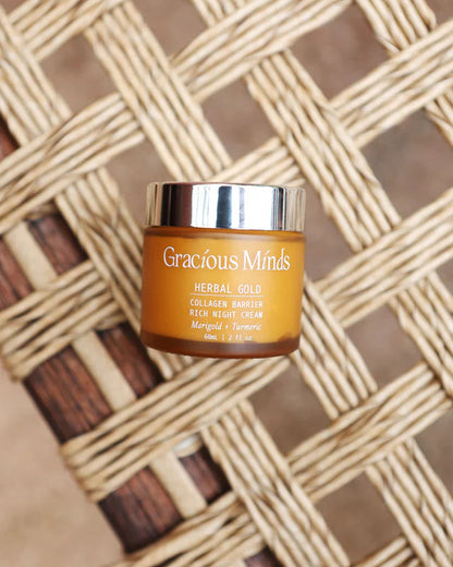 Gracious Minds Herbal Gold Collagen Barrier Rich Night Cream botanical skincare. Clean Australian skincare stockist Tamborine Mountain Lola + Lola, Loloma Living boutique Gallery Walk.