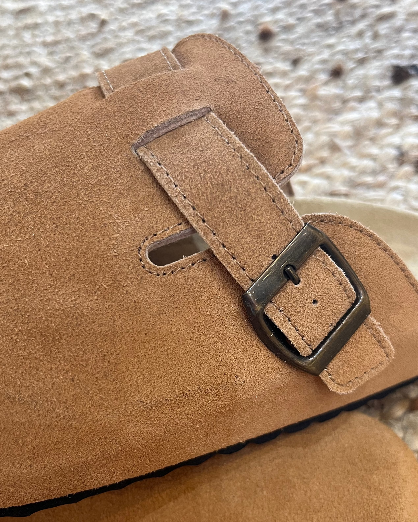 Lara Suede Slides in Tan by Human Shoes