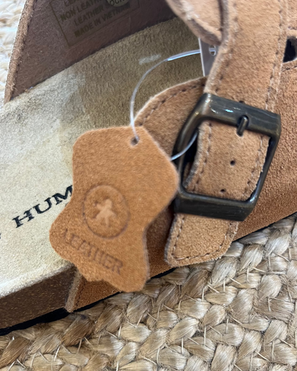 Lara Suede Slides in Tan by Human Shoes
