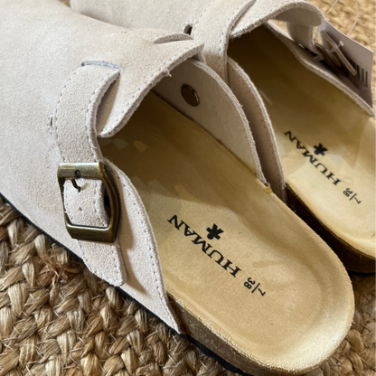 Lara Suede Slides in Sand by Human Shoes