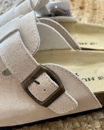 Lara Suede Slides in Sand by Human Shoes