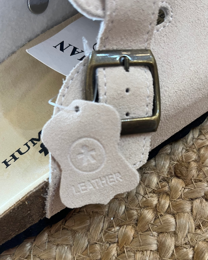 Lara Suede Slides in Sand by Human Shoes