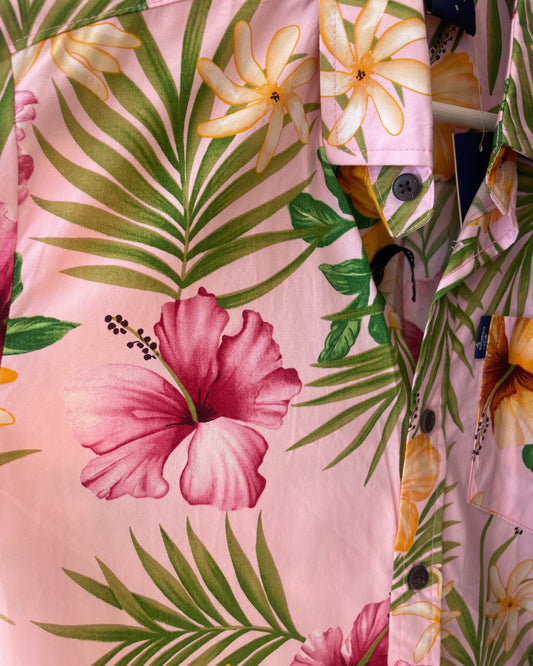 Close up of Mens Island Shirt, Bula Shirt, Hawaiian Shirt colourful button through shirt available at Loloma Living on Gallery Walk, Tamborine Mountain.