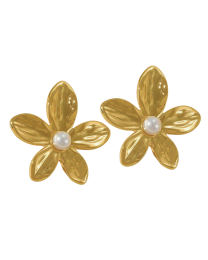 Frangipani Pearl Statement Stud Earrings 18k Gold