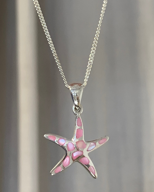 Starfish Pink Mother of Pearl Pendant Necklace Sterling Silver