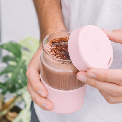 Reusable Glass Coffee Cup in Strawberry 340ml
