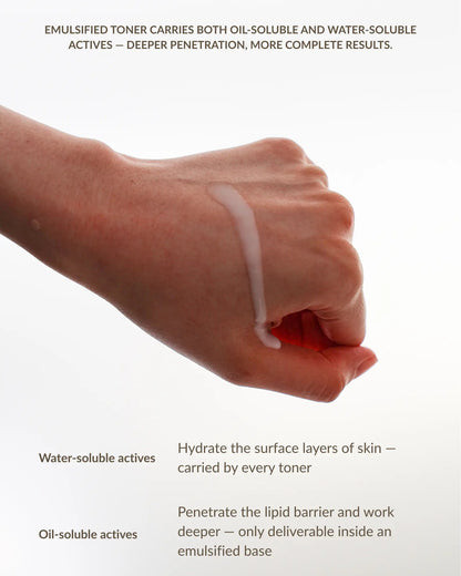 Milky toner texture for soft glowing skin. Ms Morning skincare hydrating toner close up milky consistency