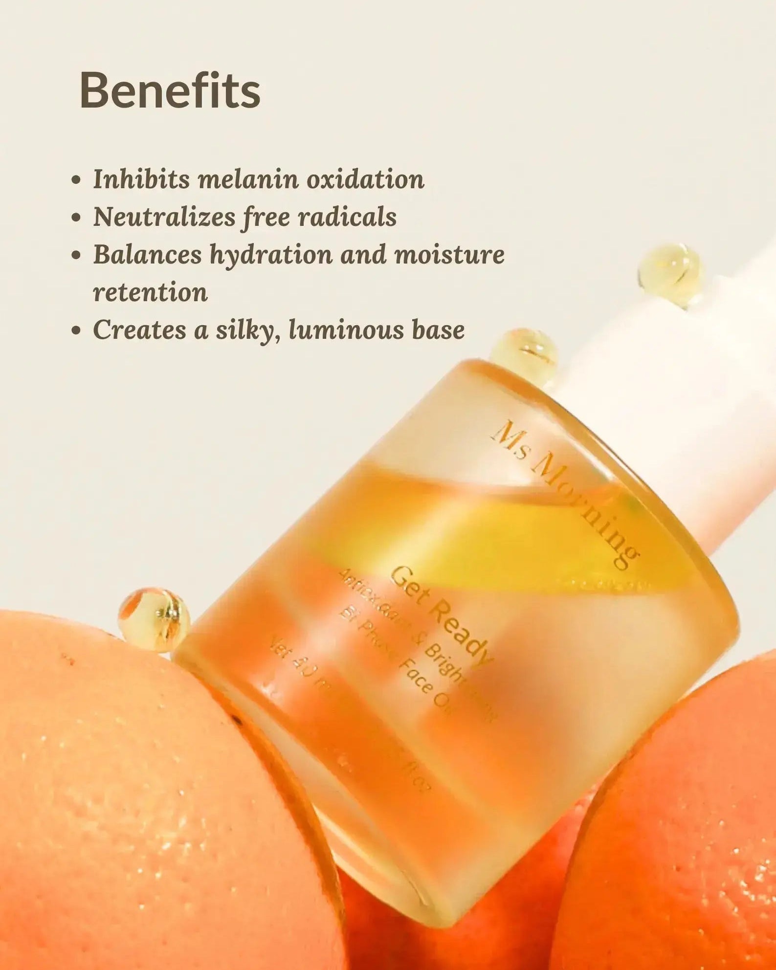 Brightening face oil for glowing glass skin finish, the Get Ready Antioxidant & Brightening Bi-Phase Face Oil by Ms Morning.