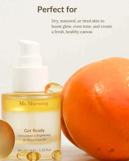 Brightening face oil for glowing glass skin finish, the Get Ready Antioxidant & Brightening Bi-Phase Face Oil by Ms Morning.