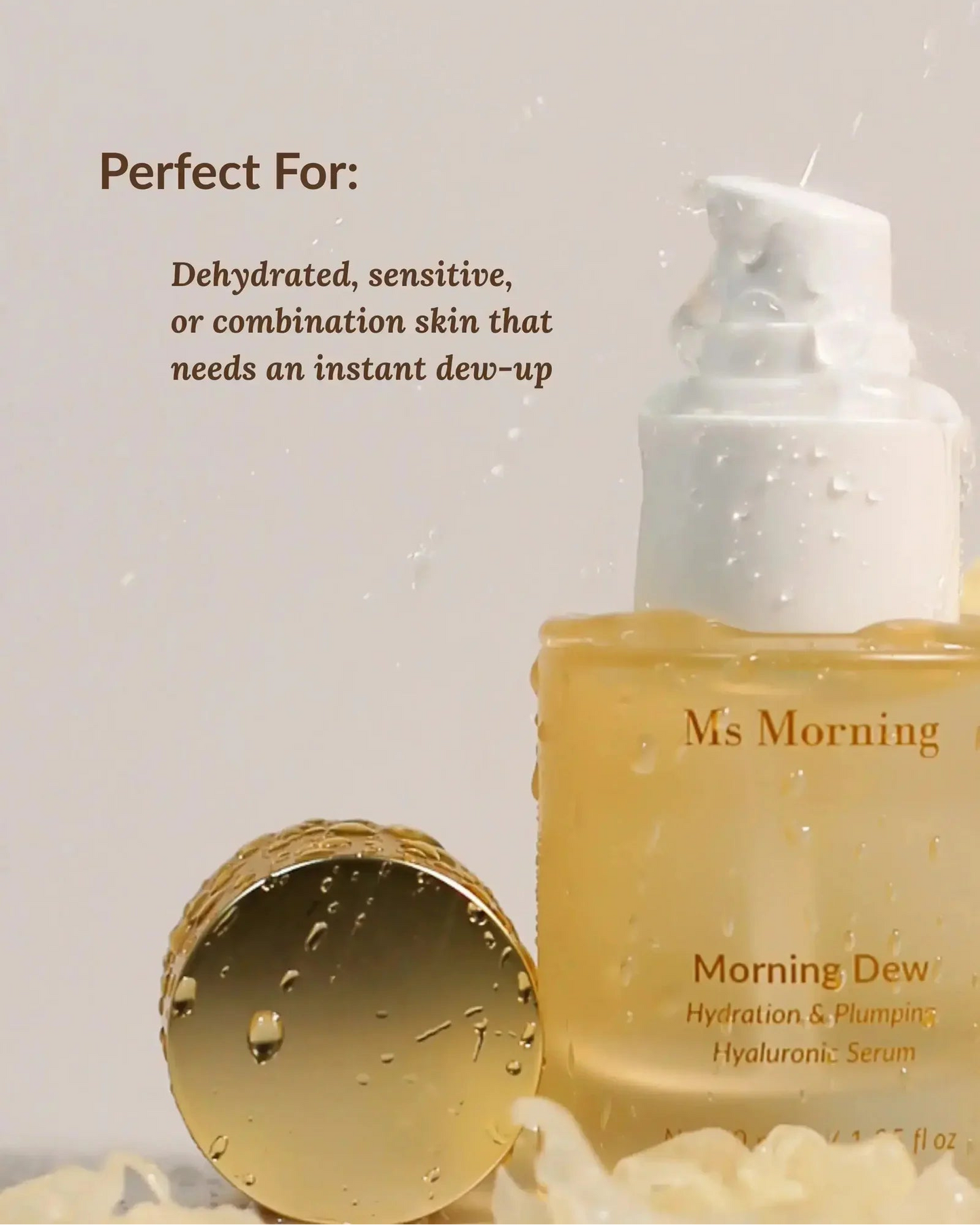 Hyaluronic acid serum ingredient breakdown for plumping skin. Morning Dew Hydration & Plumping Hyaluronic Serum by Ms Morning