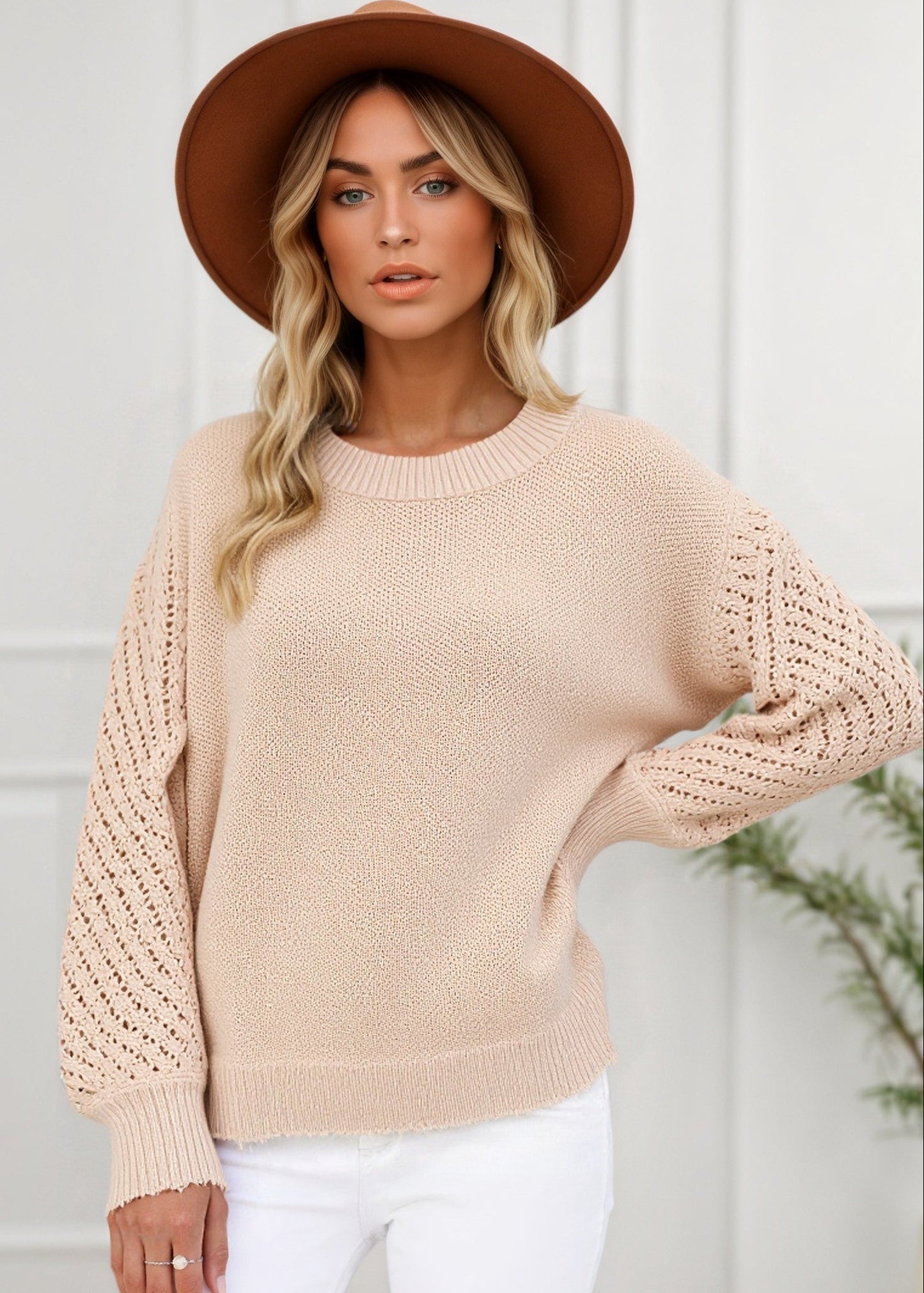 Carly Crochet Sleeve Knit Jumper Beige