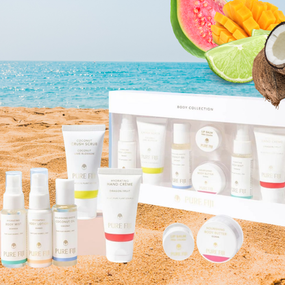 Pure Fiji Body Collection Set Christmas Collection Giftsets Assorted infusions Sampler Set. Loloma Living is a stockist of Pure Fiji and Reniu Fiji. 7 travel sized products in a giftset from Pure Fiji.